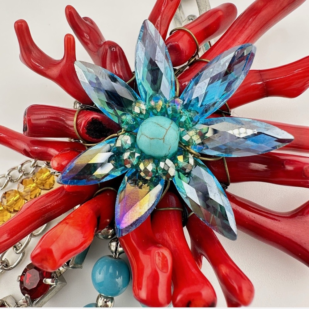 Branch Coral Crystal Faux Turquoise Multistrand Handmade Statement Necklace Set - Picture 9 of 14